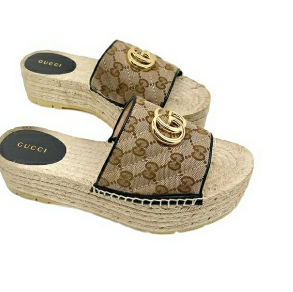 Beige GG-canvas and raffia wedge sandals, Gucci